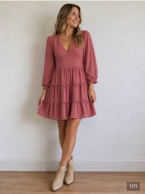 Altar'd State Rose Blush V-Neck Tiered Mini Dress